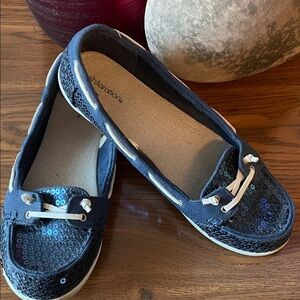 Xhilaration Navy Sequin Boat Shoes w White leather laces Comfy SZ 8 EUC